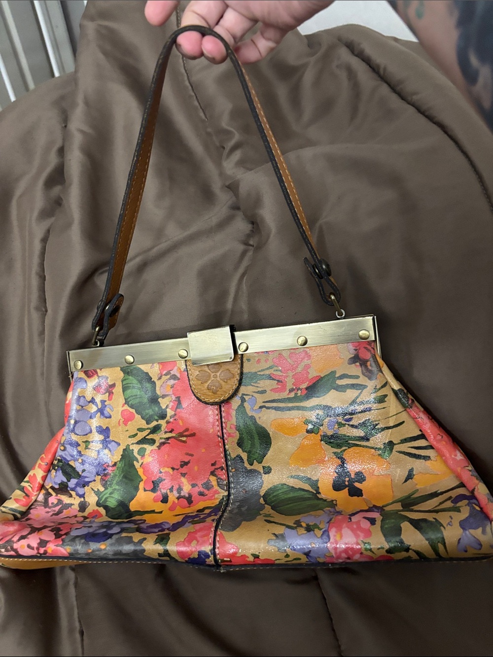 Patricia Nash Yellow Multicolor Floral Frame Shoulder Bag with Leather Strap